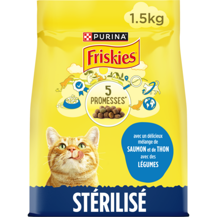 FRISKIES ® Pour Chat Stérilisé - Croquettes avec un délicieux mélange de Saumon et de Thon avec des Légumes