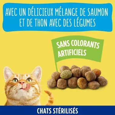 FRISKIES ® Pour Chat Stérilisé - Croquettes avec un délicieux mélange de Saumon et de Thon avec des Légumes